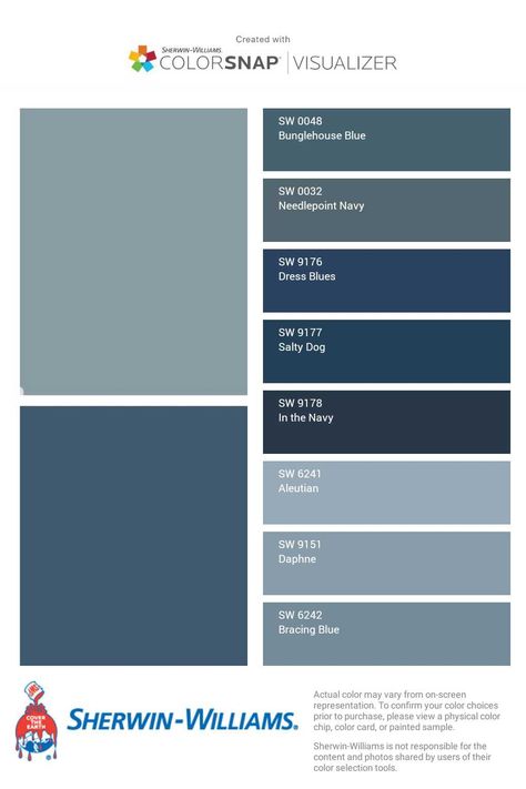 I just created this color palette with the Sherwin-Williams ColorSnap® Visualizer app on my Android phone. What do you think? You can learn more about ColorSnap Visualizer and get it on your phone free by visiting http://www.sherwin-williams.com/colorsnap. Sherwin Williams Waterloo Exterior, Sherwin Williams Nautical Colors, Needle Point Navy Sherwin Williams, Sherwin Williams Poolhouse, Industrial Paint Colors, Bathrooms 2024, Designing Kitchen, Sherwin Williams Blue, Blue Pallets