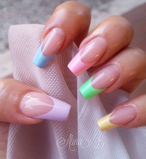 19 Cute Pastel Nails 2 Multicolor French Nails, French Nails Coffin, Shiny Nails Designs, Unghie Sfumate, Colorful French, French Tip Acrylic Nails, Summer Acrylic Nails, Pastel Nails, Nails Coffin