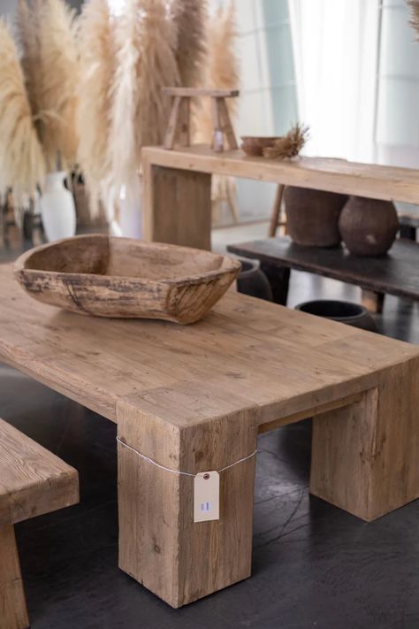 Reclaimed Wood Coffee Tables, Natural Side Table Living Room, Elm Wood Coffee Table, Chunky Leg Coffee Table, Reclaimed Wood Coffee Table Diy, 2023 Coffee Table, Coffee Table Aesthetic, Chunky Coffee Table, Beam Coffee Table