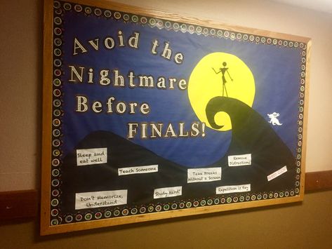 Avoid the Nightmare before FINALS! Disney’s The Nightmare Before Christmas themed RA bulletin board. Study tips at the bottoms! #RA #CA #reslife Finals Bulletin Board, Dorm Bulletin Boards, October Bulletin Boards, November Bulletin Boards, College Bulletin Boards, Ra Themes, Bulletin Boards Theme, Christmas Bulletin Boards, Thanksgiving Bulletin Boards