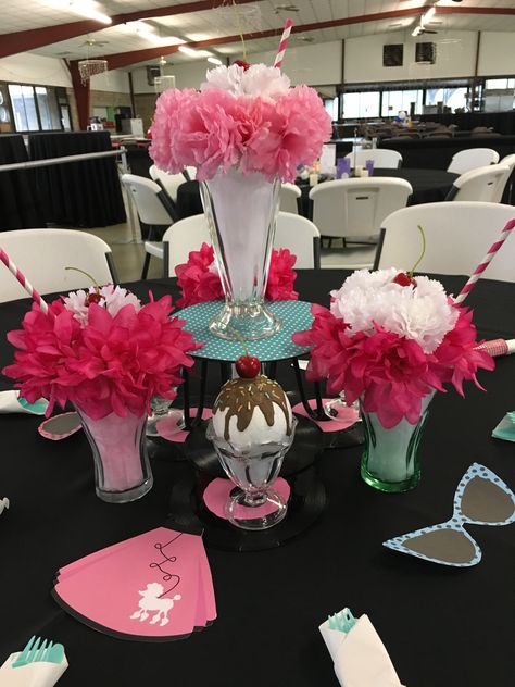 1950 Centerpieces, Grease 50th Birthday Party, Decades Decorations, 50s Themed Party Ideas, 50’s Theme Party, Pink Ladies Party, 50s Decorations, 50s Theme Party, 1950s Party Ideas