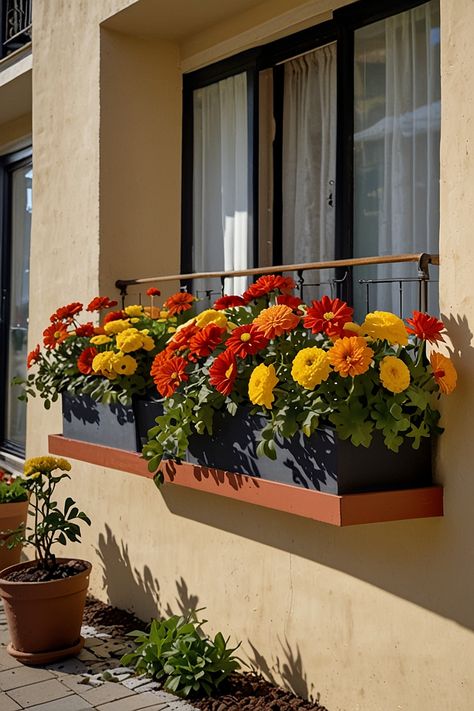 15 Best Flowers for Apartment Balcony Flower Box Balcony, Balcony Flowers Box Planters, Parisian Balcony, Balcony Flower Box, Balcony Planters, Mini Sunflowers, Balcony Flowers, Window Planters, Balcony Plants