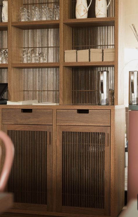 Waiter Station, Katie Lockhart, Restaurant Cabinet, Ceramic Pitchers, Joinery Details, Mission Bay, Glassware Storage, Cabinet Shelving, Service Station