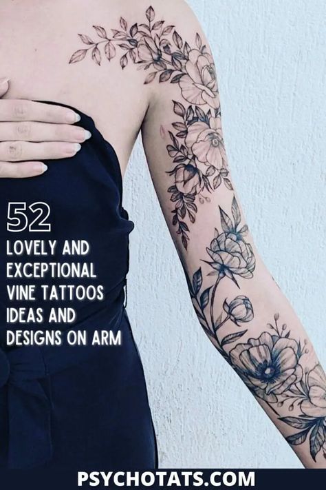 52 Lovely and Exceptional Vine Tattoos Ideas and Designs On Arm - Psycho Tats Tattoo Ideas Plants And Flowers, Climbing Rose Tattoo, Vining Plant Tattoo, Flower Vine Tattoos For Women, Tattoo Vines And Flowers, Minimalist Sleeve Tattoo, Flower Vine Tattoo Arm Sleeve, Vine Flower Tattoo, Minimalist Tattoo Sleeve