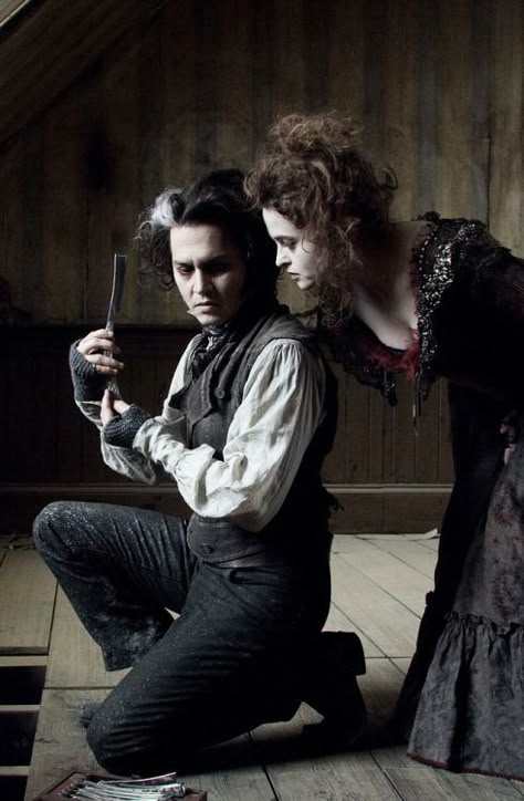 Johnny Depp & Helena Bonham Carter in Sweeney Todd Sweeney Todd Halloween, Sweeney Todd Movie, Sweeney Todd Costume, Johnny Depp Tim Burton, Tim Burton Johnny Depp, Johnny Depp Characters, Mrs Lovett, Colleen Atwood, Marla Singer