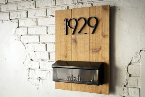 Front Door Mailbox And Numbers, Front Of House Mailbox Ideas, Mailbox Front Door, Mounted Mailbox Ideas Front Doors, Diy House Number Sign Planter, Mailbox Mounted On House, House Mailbox Wall Mount, Mailbox Attached To House Ideas, On House Mailbox Ideas