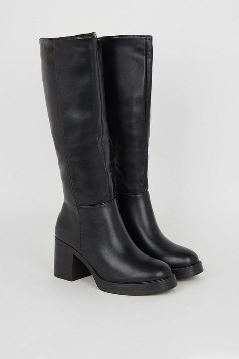 Black Knee High Boots Low Heel, Cute Boots For Fall, Low Heel Knee High Boots, Knee High Boots No Heel, Boots Fall 2024, Black Heeled Boots Outfit, Knee High Boots Aesthetic, Knee High Boots Outfit Winter, Tall Fall Boots