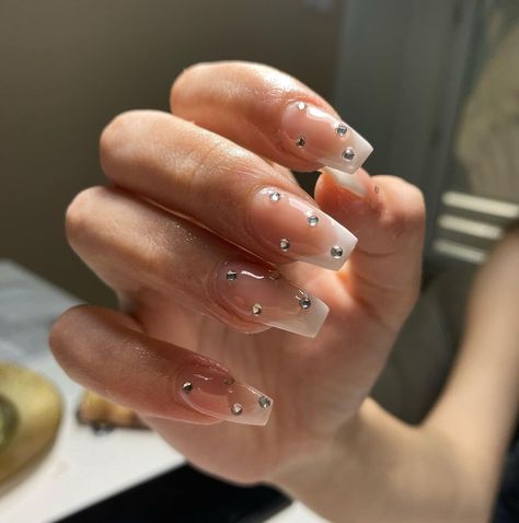 FRENCH NAILS Nails With Gems Square, Square Nails With Gems, White French Nails, Squoval Nails, Square Nail Designs, White French Tip, Short Square Nails, White Nail Designs, White Tip