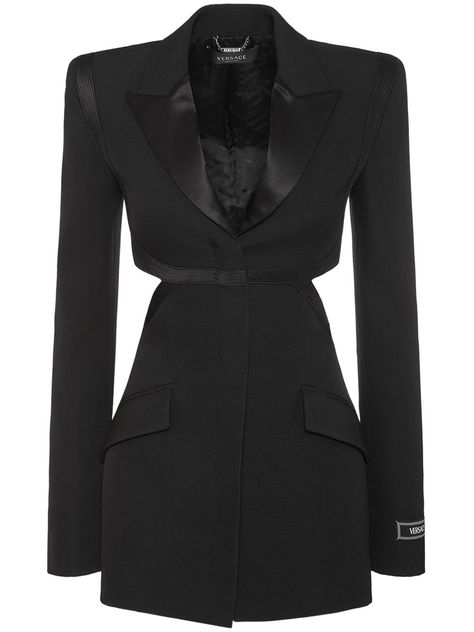 Find Versace Grain De Poudre Wool Cutout Jacket on Editorialist. Concealed front button closure. Button cuffs. Cutout details. Sleeve logo detail. Two side pockets. Model is wearing a size38 Versace Jacket, Fantasy Gowns, Shearling Jacket, Ski Wear, Outerwear Women, Swimwear Tops, Down Jacket, Party Outfit, Versace