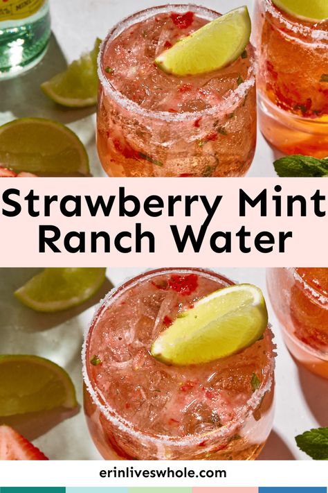 Are you looking for a light, refreshing cocktail to enjoy poolside? You HAVE to make this ranch water recipe. This delicious drink is made with tequila, Topo Chico sparkling mineral water, fresh strawberries and mint, and lime juice. With its bright flavors and beautiful presentation, it's sure to be a hit at any summer gathering! So if you're ready to make some ranch water of your own, follow this simple recipe and get ready to sip in style. Flavored Ranch Water, Ranch Water Variations, Strawberry Ranch Water, Watermelon Ranch Water, Ranch Water Pitcher Recipe, Topo Chico Ranch Water, Topo Chico Mock Tail, Ranch Water Recipe Topo Chico, Ranch Water Mocktail