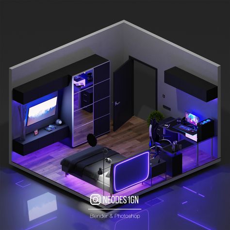 Small Bedroom With Gaming Setup, 3d Gaming Room Design, Small Gamer Bedroom, Small Game Room Design, Game Room Layout, Gaming Bedroom Ideas, Skjulte Rum, Small Room Setup, Gaming Bedroom