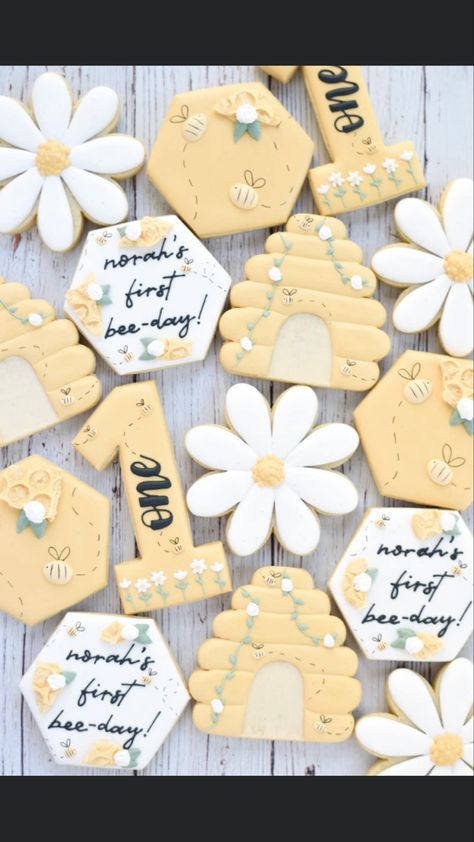 Honey Bee One Year Birthday, Honey Bee Is Three, 1st Bee Day Cookies, Bee And Daisy Birthday Theme, Bees Birthday Party Ideas, First Bee Day Party Favors, Queen Bee First Birthday Party, My First Bee Day Party, First Bee Day Food Ideas