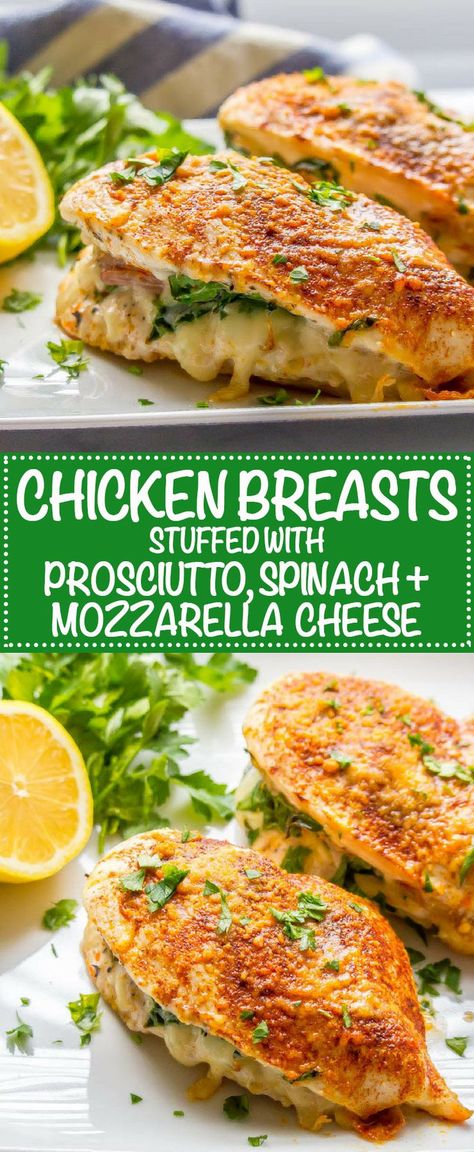 These flavor-packed chicken breasts stuffed with prosciutto, spinach and mozzarella cheese make for an easy but elegant dinner! #easychickenrecipes #chickendinner #stuffedchicken Spinach Stuffed Chicken Breast, Spinach And Mozzarella, Prosciutto Recipes, Stuffed Chicken Breast Spinach, Stuffed Chicken Breast, Stuffed Chicken, Best Chicken Recipes, Elegant Dinner, Spinach Stuffed Chicken