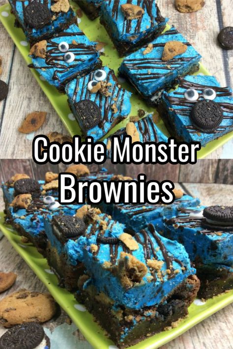 Cookie Monster Blondies, Cool Brownie Ideas, Monster Dessert Ideas, Cookie Monster Fudge Recipes, Cookie Monster Bars, Blue Brownies Recipe, Unique Brownies Ideas, Cookie Monster Brownies Recipe, Monster Cookie Brownies