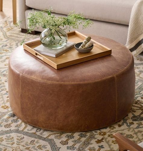 Bedroom Furniture | Rejuvenation Ottoman Decor Living Room, Leather Ottomans Living Room, Natural Leather Cleaner, Round Ottoman Coffee Table, Round Leather Ottoman, Leather Ottoman Coffee Table, Brown Leather Ottoman, Leather Coffee Table, Ottoman Decor