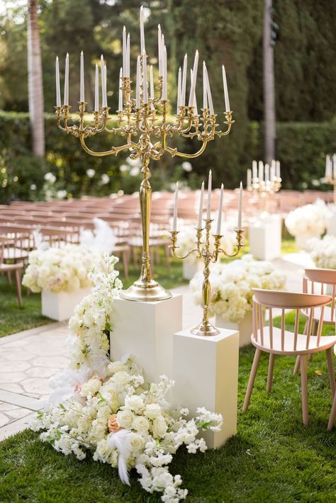 Gold Candelabra at Wedding Ceremony Entrance Wedding Candelabras Ceremony, Candelabra Wedding Decor, Candelabra Wedding Ceremony, Wedding Alter Candles, Candleabra Wedding, Wedding Ceremony Entrance, Ceremony Entrance, Alter Flowers, Gold Candelabra