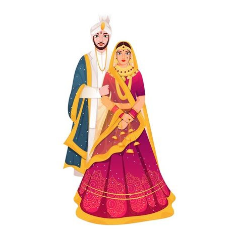 Hindu newly wed couple illustration | Premium Vector #Freepik #vector #wedding #woman #man #character Mehandi Ideas, Paar Illustration, Vintage Wedding Invitation Cards, Couple Illustration Wedding, Bride And Groom Cartoon, Wedding Couple Cartoon, Diwali Design, Wardrobe Planner, Indian Wedding Invitation Cards