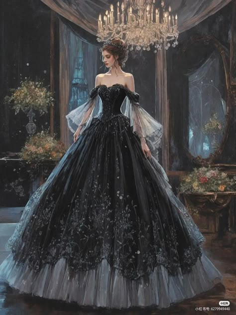 Royal Theme Prom Dress, Extravagant Dresses Haute Couture, Black Dress Fantasy Gowns, Royal Princess Aesthetic Dress, Black Princess Dress Fairytale, Dark Fancy Aesthetic, Fantasy Princess Dress Aesthetic, Princess Ball Gowns Fantasy Fairytale, Princess Dress Dark