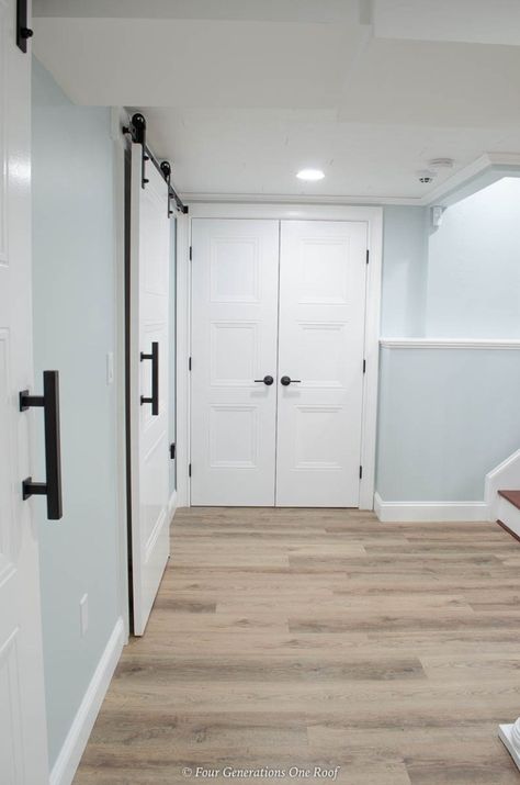 White Oak Basement, Behr Basement Paint Colors, Basement Colors Ideas, Wall Color Inspiration, Basement Theatre, Basement Makeover Ideas, Studio Basement, Oak Vinyl Flooring, Basement Wall Colors