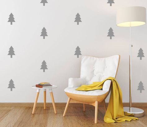 Forest Wall Decals Nursery, Tree Decals For Nursery, Painted Trees On The Wall Nursery, Tree Painting Nursery, Simple Woodsy Nursery, Simple Accent Wall Nursery, Forest Themed Nursery Wallpaper, Woodland Trees Nursery, Gender Neutral Forest Nursery