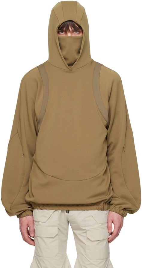 Stretch polyester jersey hoodie. · Paneled construction · Throat guard at collar · Elasticized hem and cuffs · Concealed zip pocket at sleeves Supplier color: Rain drum Khaki Hoodie, Tactical Hoodie, Techwear Hoodie, Rain Drum, Hoodie Pocket, Tech Hoodie, Hoodie Pattern, Hoodie Zip, Mens Khakis