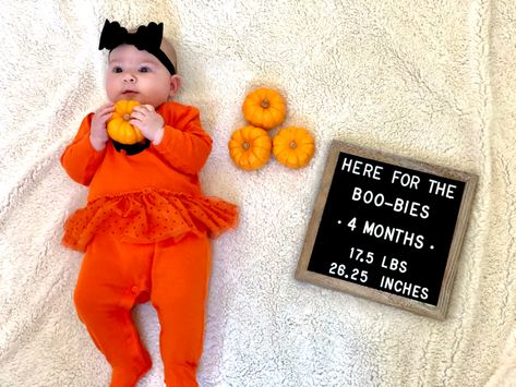 Here for the boo-bies. 4 month old baby milestone picture in October. 4 Month Old Halloween Photoshoot, 6 Month Sign Ideas, October Monthly Milestone Picture, October Month Milestone, September Month Baby Photoshoot, 4 Month Halloween Pictures, 4 Month Old Halloween Pictures, 1 Month October Pictures, October 2 Month Baby Pictures