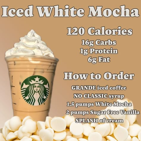 Macro Barista, Sugar Free Starbucks Drinks, Low Calorie Starbucks Drinks, Healthy Coffee Drinks, Low Carb Starbucks, Iced White Mocha, Sugar Free Vanilla Syrup, Fit Meals, Cold Starbucks Drinks