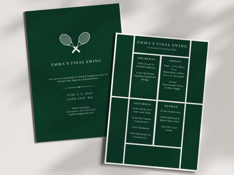 This Last Swing bachelorette invitation template features classic fonts and a simple design inspired by a tennis court. The original design boasts a dark green color palette but you can change the colors or swap out the background to match your event color palette! Our Cocktails & Country Clubs Invitation Template is the perfect choice for your upcoming tennis bachelorette weekend or country club-themed bachelorette party. This editable and printable invitation template will add a touch of elegance and excitement to your event. Update the template with your itinerary and details and get ready for a weekend of tennis & tequila to celebrate the bride-to-be! This template is 100% editable using a free account on Canva.com that allows you to access links to your templates immediately after pur Dark Green Color Palette, Tennis Bachelorette, Tennis Birthday Party, Tennis Wedding, Bar Concept, Tennis Birthday, Bachelorette Invite, Bachelorette Invitation, Cha Bar