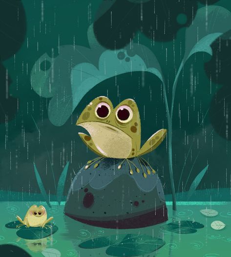 The frog in the pond! on Behance Frog In A Pond, Pond Drawing, Rain Frog, Frog Pond, 달력 디자인, Frog Illustration, 동화 삽화, Frog Drawing, Wacom Cintiq