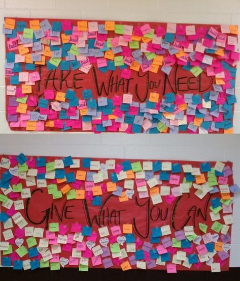 I had this idea floating around in my head about making an interactive bulliten board using pull tabs with sweet messages for my school and came across this which is a great option too!!! Totally doing this!!!! Kindness Week, Interactive Bulletin Board, Spreading Kindness, Take What You Need, Ra Ideas, School Social Work, School Bulletin Boards, Student Council, Library Displays