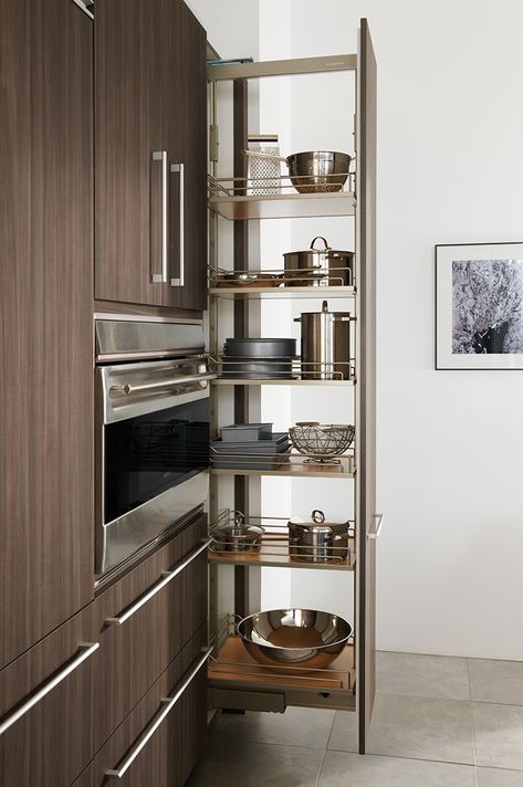 Tall pull-out pantry, as shown in the contemporary Expressions kitchen by #WoodMode. Contemporary Kitchen Cabinets, Old Kitchen Cabinets, Dark Wood Kitchens, Kitchen Cabinet Remodel, Kitchen Cabinets Makeover, Classic Kitchen, Kitchen Storage Solutions, Modern Kitchen Cabinets, Smart Kitchen