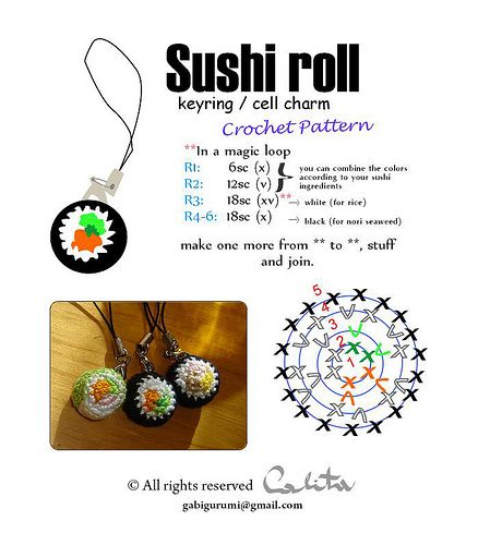 Crochet Sushi, Sushi Pattern, Amigurumi Food, Crochet Earrings Pattern, Crochet Keychain Pattern, Pola Amigurumi, Crochet Bee, Sushi Roll, Crochet Food