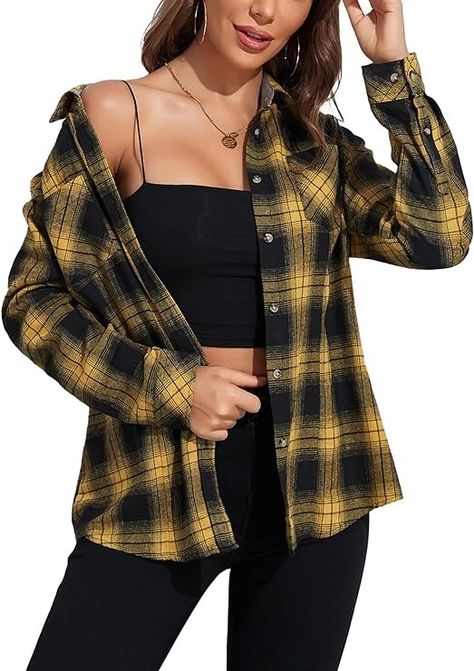 KevaMolly Plaid Long Sleeve Flannel Shirts for Women Loose Fit Boyfriend Button Down Shirt Casual Flannel Blouse Tops Black Yellow L at Amazon Women’s Clothing store Flannel Shirts For Women, Plaid Flannel Shirts, Yellow Plaid Shirt, Flannel Blouse, Plaid Shirt Women, Womens Flannel Shirt, Flannel Shirts, Long Sleeve Flannel, Yellow Plaid