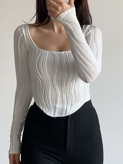 Myntra-StyleCast x Revolte Women Solid Scoop Neck Top White Long Sleeve Crop Top, Yoga Wear Women, Shirts Vintage, Tops Long Sleeve, Night Out Outfit, Scoop Neck Top, U Neck, Long Sleeve Crop, Crop Tops Women