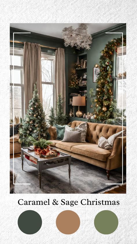 Sage Green And Cream Christmas Decor, Sage Green Christmas Tree Decorations, Sage Green And Gold Christmas Tree, Green Brown Christmas Decor, Green Velvet Christmas Decor, Green And Cream Christmas Decor, Christmas Color Schemes Tree Decorations, Green Living Room Christmas, Green And Brown Christmas Decor