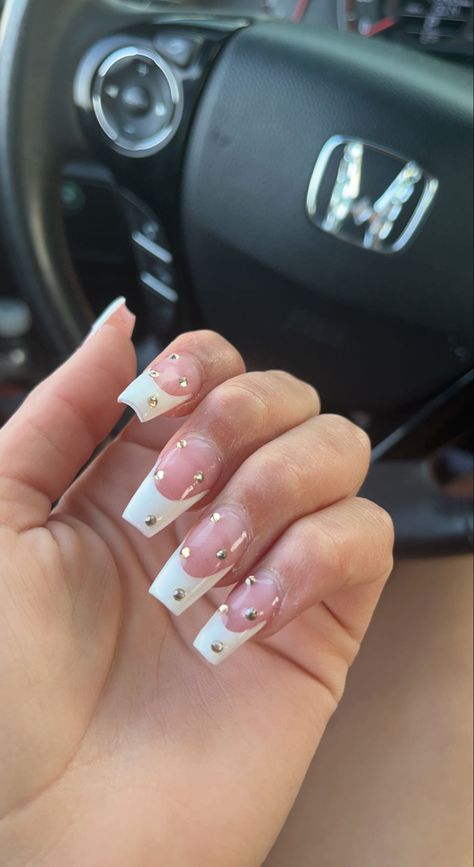 Clear And White French Nails, White Acrylics With Gems, Nails With Gems Coffin, Clear Rhinestone Nails, White French Tip Nails With Gems, Clear Nails With Gems, White French Tip With Gems, French Nails With Gems, White Nails With Gems