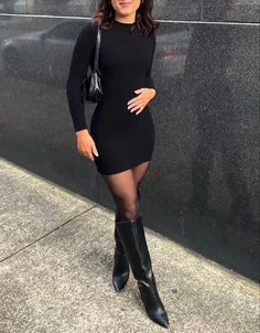 Long Sleeve Black Dress Outfit, Black Dress With Black Tights, Night Outfits 2023, Black Dress Outfit Winter, Dress With Black Tights, Aesthetic Fashion Design, Chic Autumn Outfits, Long Sleeve Dress Outfit, European Outfits