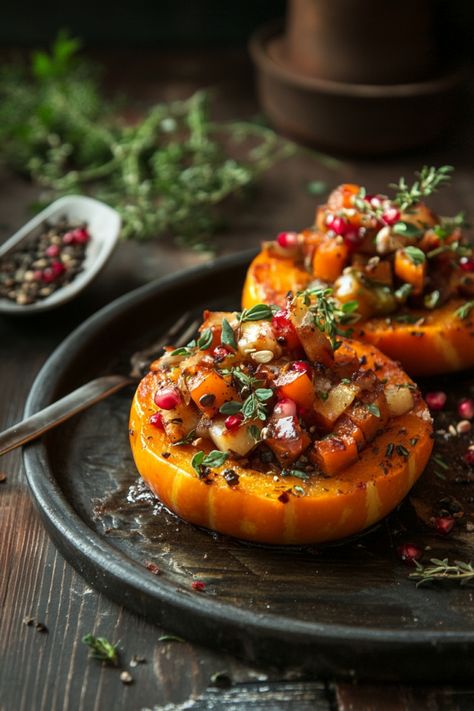 Stuffed squash rings with a colorful mix of vegetables and herbs. Pumpkin Side Dishes, Pumpkin Main Dishes, Vegan Gf Fall Recipes, Cinderella Pumpkin Recipe, Healthy Pumpkin Recipes Dinner, Mini Pumpkin Recipes, Whole Pumpkin Recipes, Fall Dinners For Family, Stuffed Pumpkin Recipes