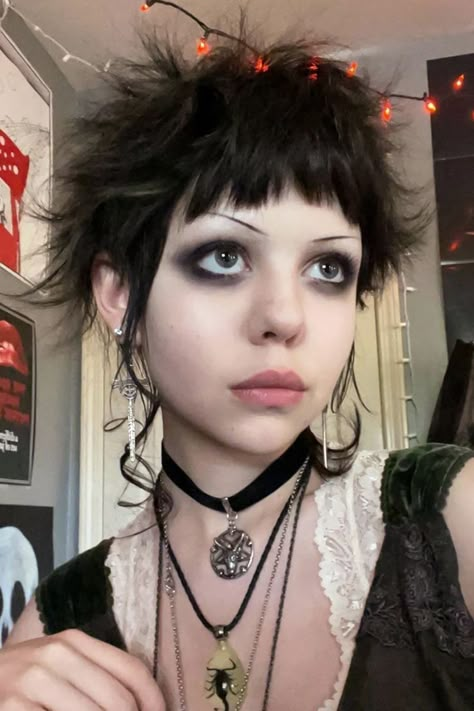 selfie of a young woman with punk mullet haircut Punk Hairstyles, Black Hair, Piercings, I Hope, Hairstyles, Necklaces, For Women, Hair, Blue