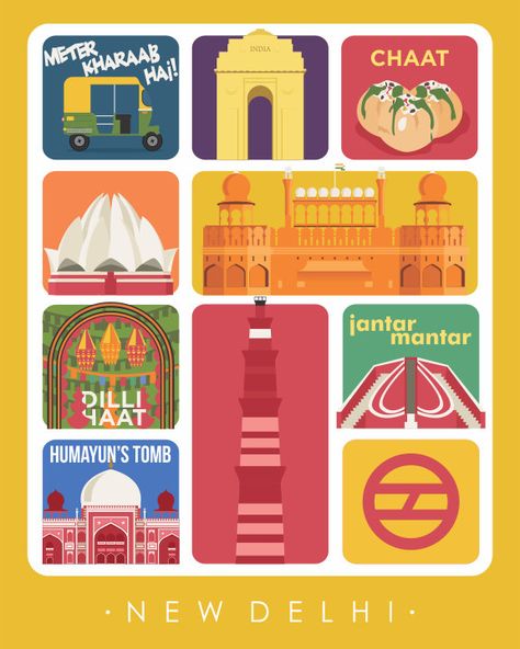 Delhi Illustration, Delhi Poster, Delhi Art, Indian Retro, India Poster, Scenery Drawing, Graphic Design Style, Poster Idea, Jewelry Store Design