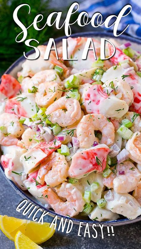 This seafood salad is a blend of imitation crab and shrimp in a creamy dill dressing with fresh vegetables. Italian Seafood Salad, Italian Seafood, Crab Salad Recipe, Sea Food Salad Recipes, Shrimp Salad Recipes, Salad Salad, Best Seafood Recipes, Crab Salad, Shrimp Recipes Easy