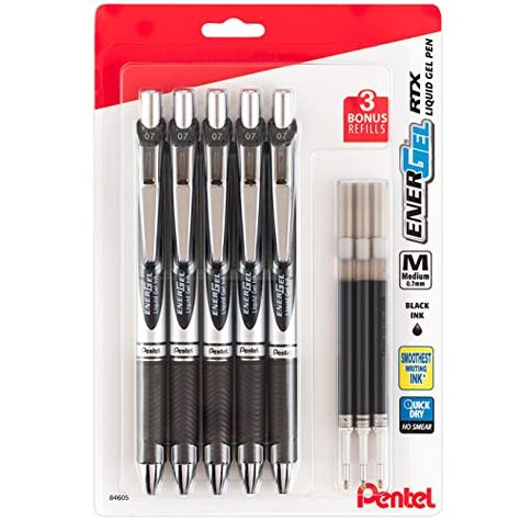 Pentel EnerGel Liquid Gel Ink Pens 0.7 mm - Pack of 5 Black Deluxe RTX Pens with 3 Refills Pentel Energel Pens, Energel Pens, Pentel Energel, Black Paper Drawing, Liquid Ink, Black Liquid, Gel Ink Pens, Ink Pens, Fine Pens