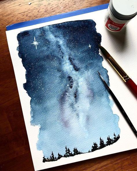 Milky way #illustration #sketching Watercolour Inspiration, Galaxy Painting, 수채화 그림, Galaxy Art, Watercolor Inspiration, The Night Sky, Milky Way, Super Cool, Watercolour Painting