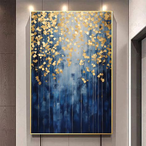 PRICES MAY VARY. 【Canvas printing size】:blue and gold abstract canvas wall art is 16inchx 24inch (40cmx60cm) (posters only, excluding photo frames.) Our moody flower wall art is frameless. It is easy to buy photo frames in Amazon or any department store or handicraft store. 【High-quality canvas】: Our gold and blue pictures wall decor is printed on high-quality natural canvas and adopts advanced printing technology to achieve the quality of the gallery. The image printed with anti-ultraviolet ink Canvas Art In Hallway, Indigo Gold Art, Wall Art Gold Leaf Dining Room, Wall Art Navy Bedroom, Bedroom Art Gold, Office Wall Art Paint, Blue Rustic Wall Art, Aqua And Navy Wall Art, Best Painting To Go With A Navy Blue Sectional