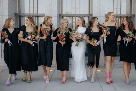 Black Casual Bridesmaid Dresses, Stain Bridesmaid Dresses, Bridesmaids With Black Dresses, Black Bridesmaid Dresses With Colorful Shoes, Black Bridesmaid Dresses Colorful Shoes, Black Bridesmaid Dresses Spring Wedding, Fall Black Bridesmaid Dresses, Black Bridesmaids Bouquets, Black Bridesmaid Dresses With Bright Bouquets