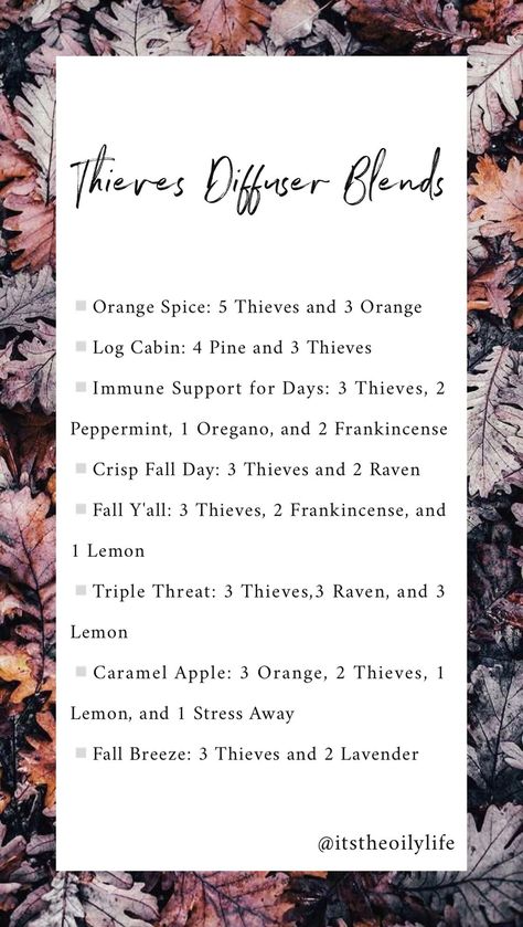 Essential Oil Blends With Thieves, Fall Thieves Diffuser Blends, Diffuser Blends Thieves, Thieves Diffuser Recipes, Thieves Blends For Diffuser, Thieves Essential Oil Blends, Young Living Thieves Diffuser Blends, Thieves Essential Oil Diffuser Blends, Thieves Diffuser Blends