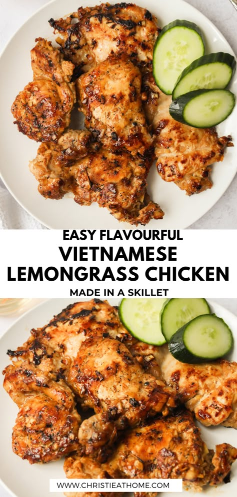 Skillet Vietnamese Lemongrass Chicken. Tender juicy chicken thighs marinated in a sweet and savoury lemongrass marinade with fish sauce. Aromatic, delicious and super easy to make! No grill or oven, just a skillet or non-stick pan! Fantastic for dinner, lunch, or leftovers. #lemongrass chicken recipe #lemongrass chicken Vietnamese #thai lemongrass chicken #lemon grass chicken recipe #asian cooking Lemongrass Chicken Skewers, Lemon Grass Marinade, Vietnamese Lemon Grass Chicken, Lemon Grass Curry, Thai Lemongrass Sauce, Coconut Lemongrass Chicken, Lemongrass Marinade Vietnamese, Thai Lemon Chicken, Easy Lemongrass Chicken