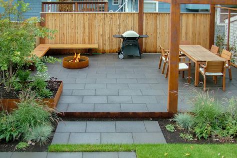 La Lastra Paving Stones in Oregon and Washington | Western Interlock Square Pavers, Paving Stone Patio, Stone Backyard, Large Pavers, Retaining Wall Design, Landscape Pavers, Fireplace Kits, Pavers Backyard, Paver Designs