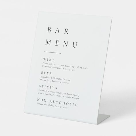 Simply Elegant Typography Modern Bar Menu Pedestal Pedestal Sign Size: 8" X 10". Color: black. Gender: unisex. Age Group: adult. Winter Boho Wedding, Chic Minimalist Wedding, Wedding Drink Menu Sign, Wedding Drink Menu, Wedding Bar Menu Sign, Wedding Black And White, Bar Signage, Bar Menu Wedding, Black And White Minimalist