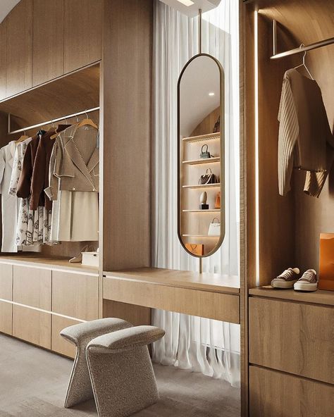 Walk In Robe With Makeup Station, Walking Closet With Dressing Table, Vanity In Front Of Window, Dressing Table Wardrobe, Open Dressing, Primary Closet, Minimalist Bedrooms, Japandi House, Studio Weave